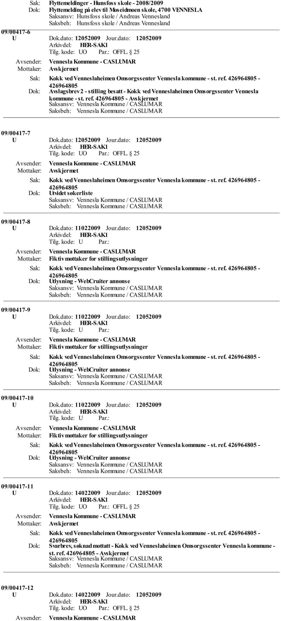 - Avslagsbrev 2 - stilling besatt - Kokk ved Venneslaheimen Omsorgssenter Vennesla kommune - st. ref. - Avskjermet 09/00417-7 U Dok.dato: Jour.