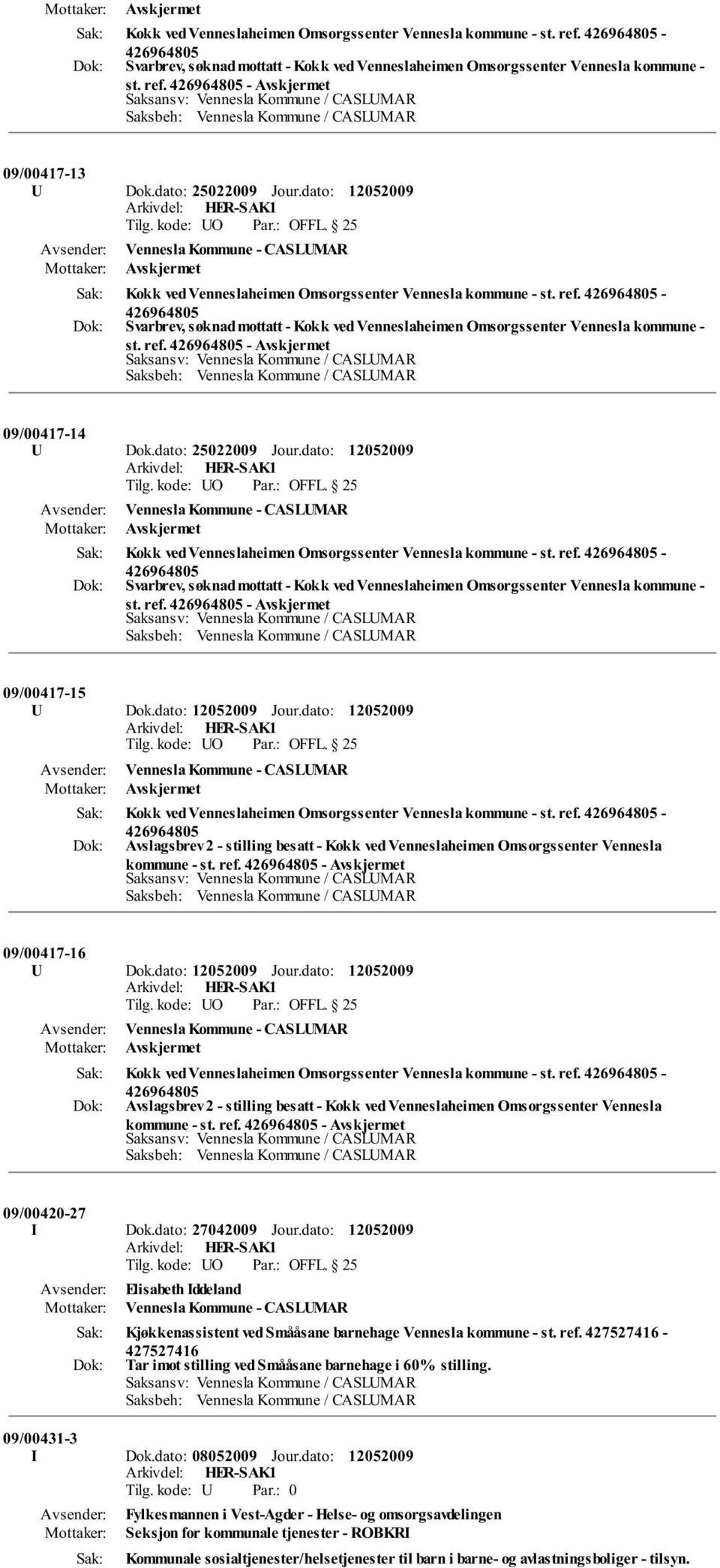 - Svarbrev, søknad mottatt - Kokk ved Venneslaheimen Omsorgssenter Vennesla kommune - st. ref. - Avskjermet 09/00417-14 U Dok.dato: 25022009 Jour.