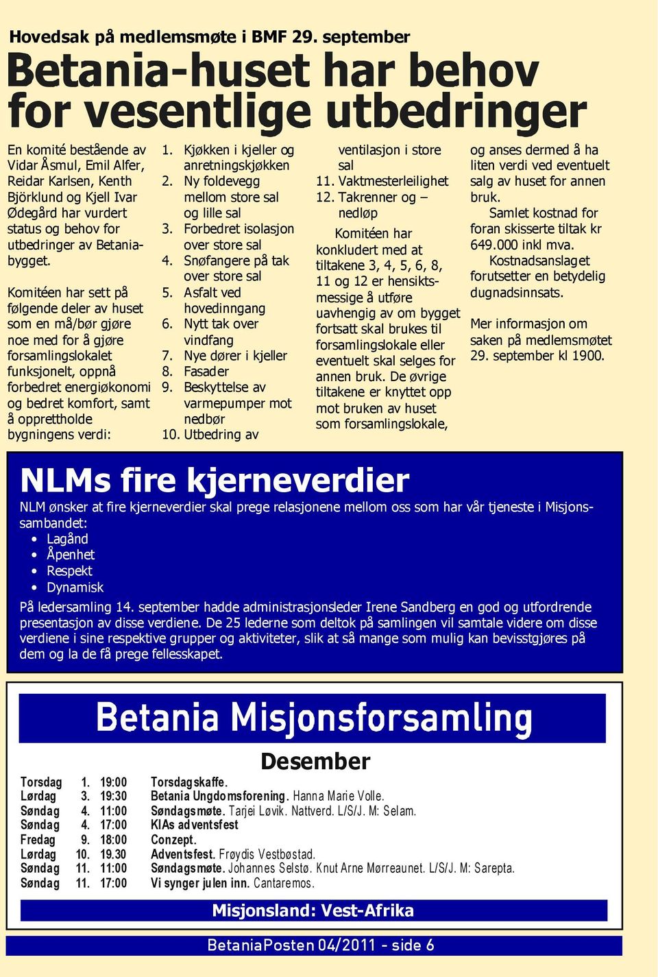 Komitéen har sett på følgende deler av huset som en må/bør gjøre noe med for å gjøre forsamlingslokalet funksjonelt, oppnå forbedret energiøkonomi og bedret komfort, samt å opprettholde bygningens