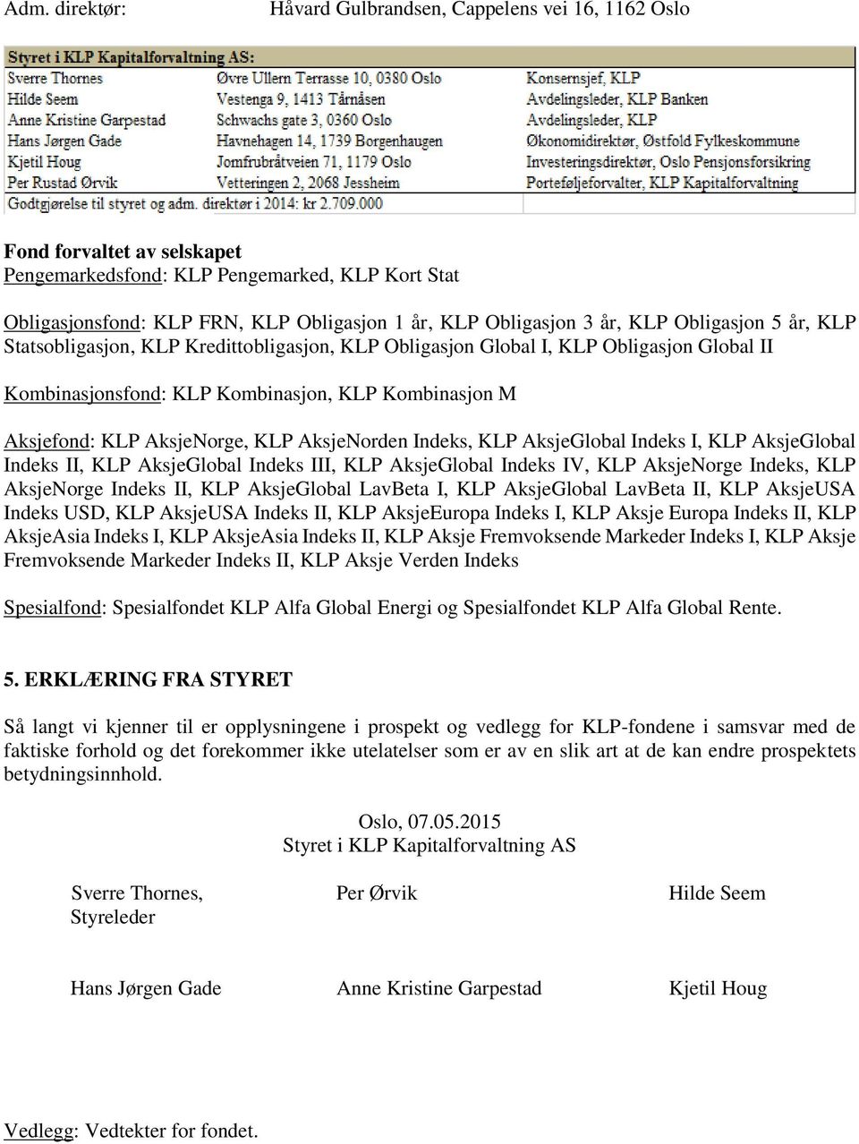 AksjeNorge, KLP AksjeNorden Indeks, KLP AksjeGlobal Indeks I, KLP AksjeGlobal Indeks II, KLP AksjeGlobal Indeks III, KLP AksjeGlobal Indeks IV, KLP AksjeNorge Indeks, KLP AksjeNorge Indeks II, KLP