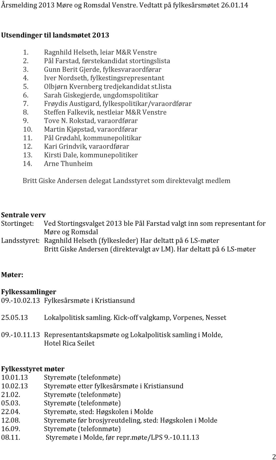 Steffen Falkevik, nestleiar M&R Venstre 9. Tove N. Rokstad, varaordførar 10. Martin Kjøpstad, varaordførar 11. Pål Grødahl, kommunepolitikar 12. Kari Grindvik, varaordførar 13.