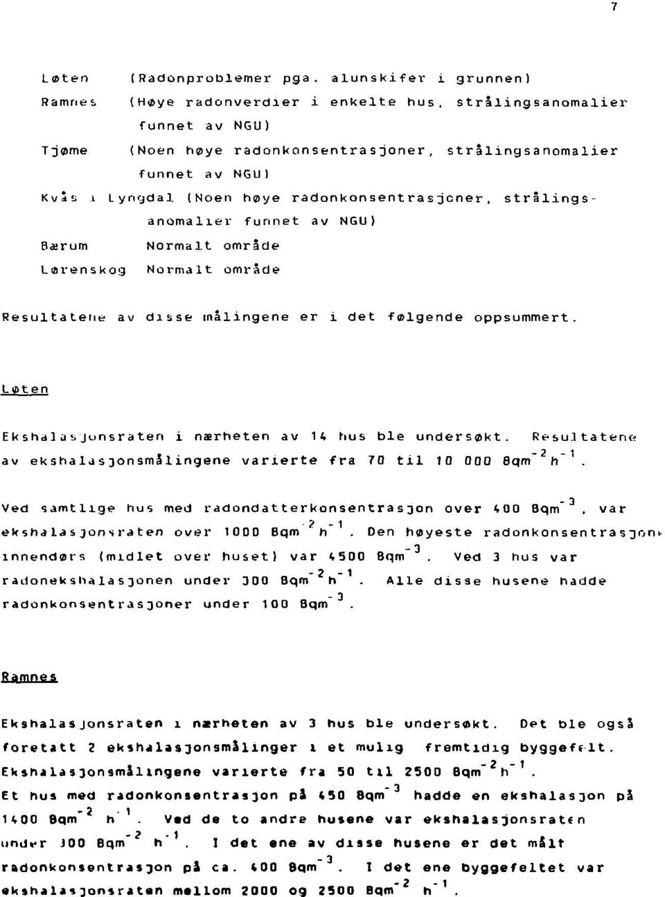 strålings anomalier funnet av NGU) Bærum Normalt område Lorenskog Normalt omrade Resultatetie av dasse målingene er i det følgende oppsummert.