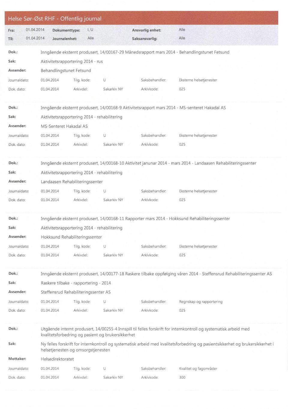 : Inngående eksternt produsert, 14/00168-9 Aktivitetsrapport mars 2014 - MS-senteret Hakadal AS Aktivitetsrapportering 2014 - rehabilitering MS-Senteret Hakadal AS Dok.