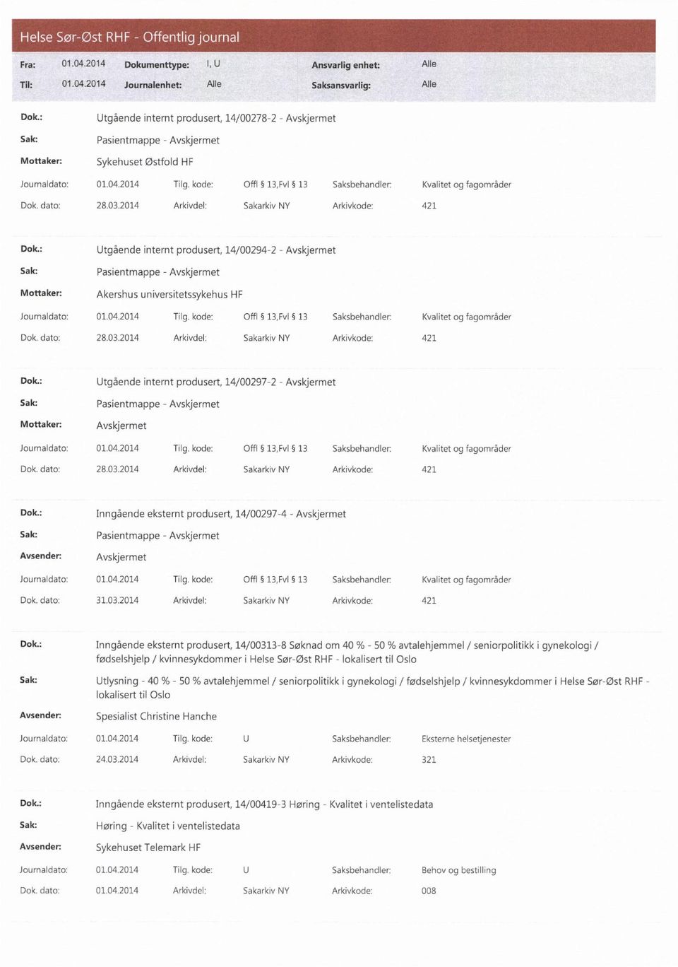 : Utgående internt produsert, 14/00294-2 - Pasientmappe - Akershus universitetssykehus HF Journaldato: 01.04.2014 Tilg. : Utgående internt produsert, 14/00297-2 - Pasientmappe - Journaldato: 01.04.2014 Tilg. : Inngående eksternt produsert, 14/00297-4 - Pasientmappe - Journaldato: 01.