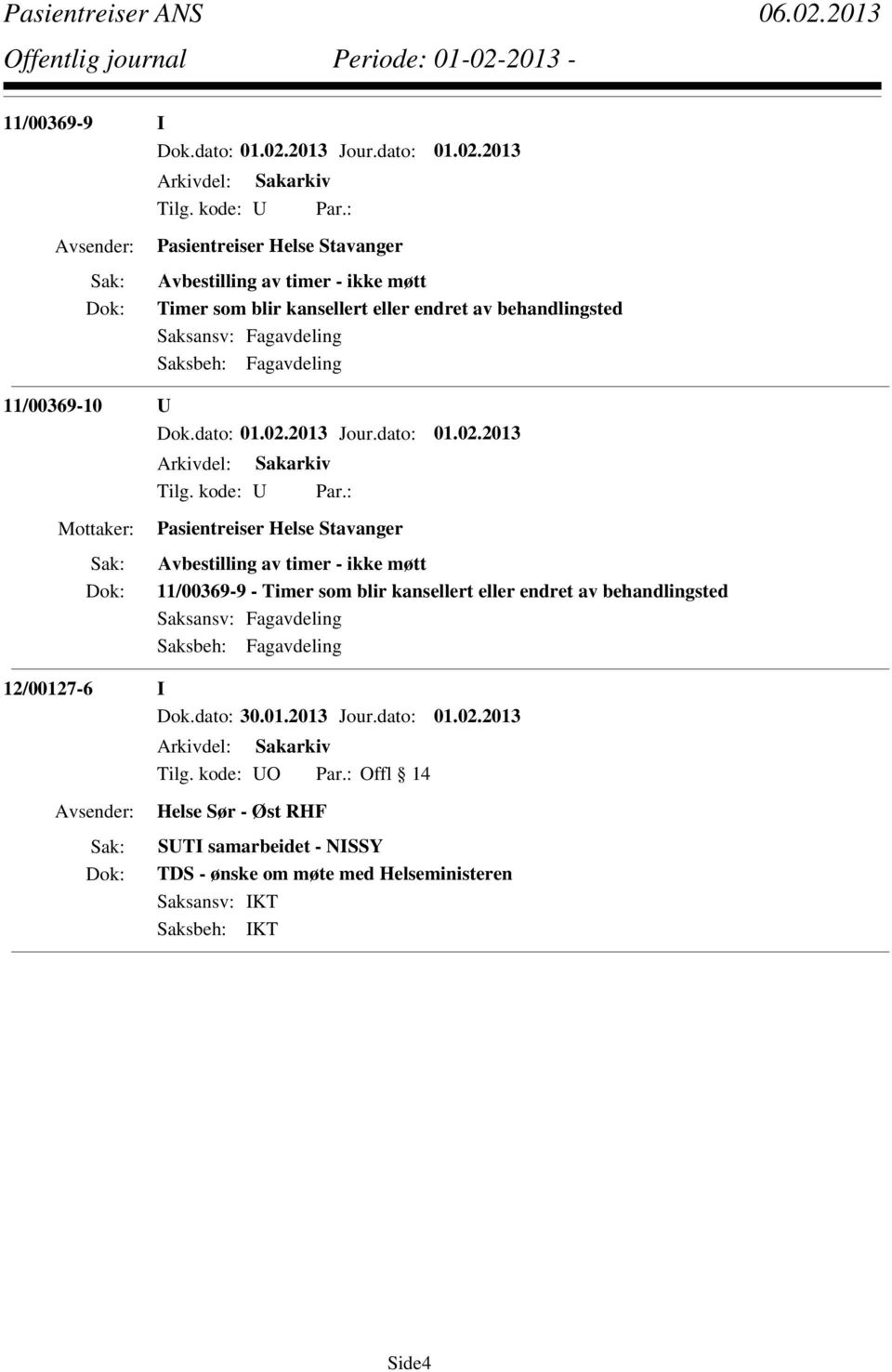 - Timer som blir kansellert eller endret av behandlingsted Saksbeh: Fagavdeling 12/00127-6 I Dok.dato: 30.01.2013 Jour.