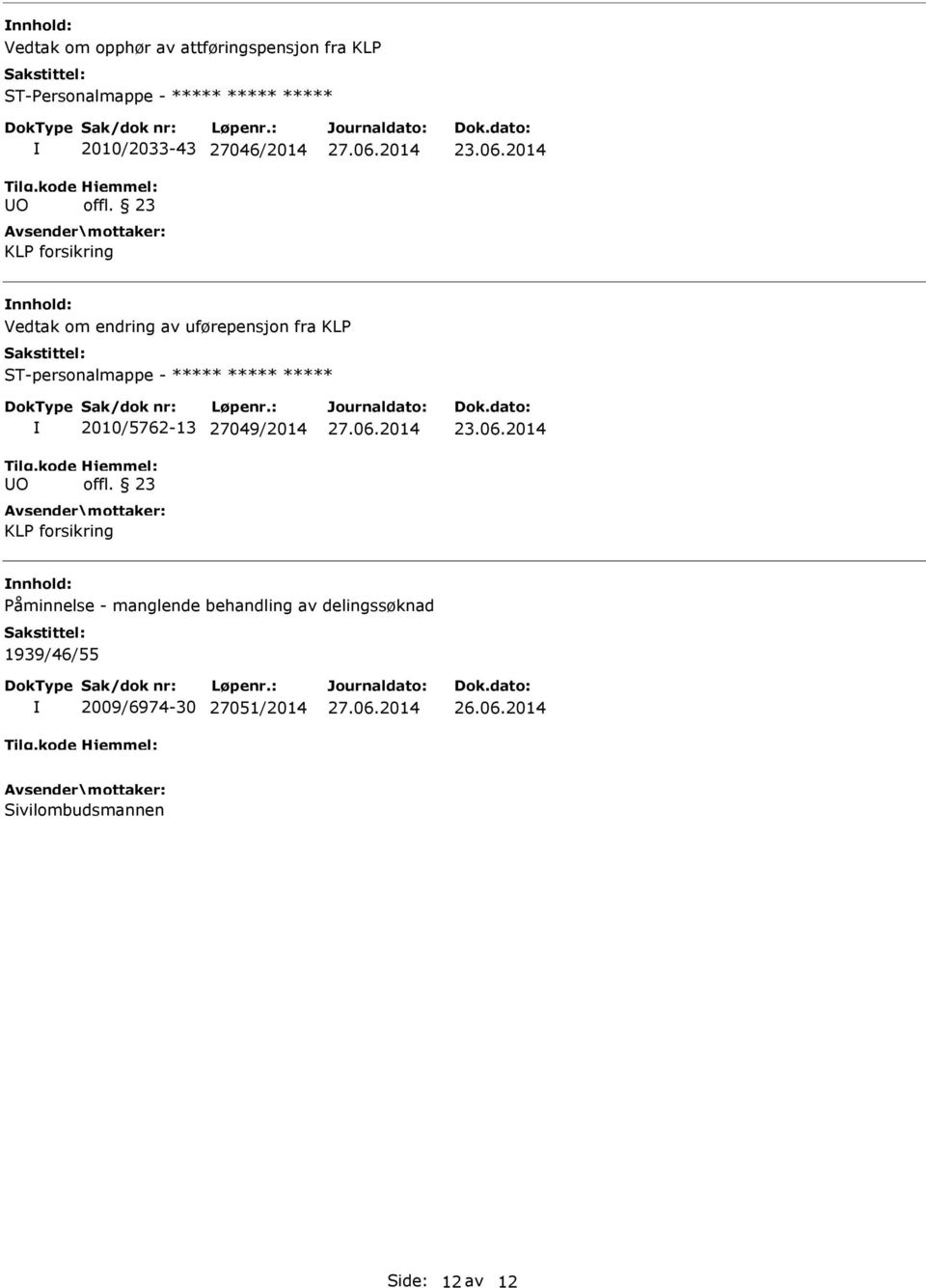 2014 Vedtak om endring av uførepensjon fra KLP ST-personalmappe - O 2010/5762-13 27049/2014