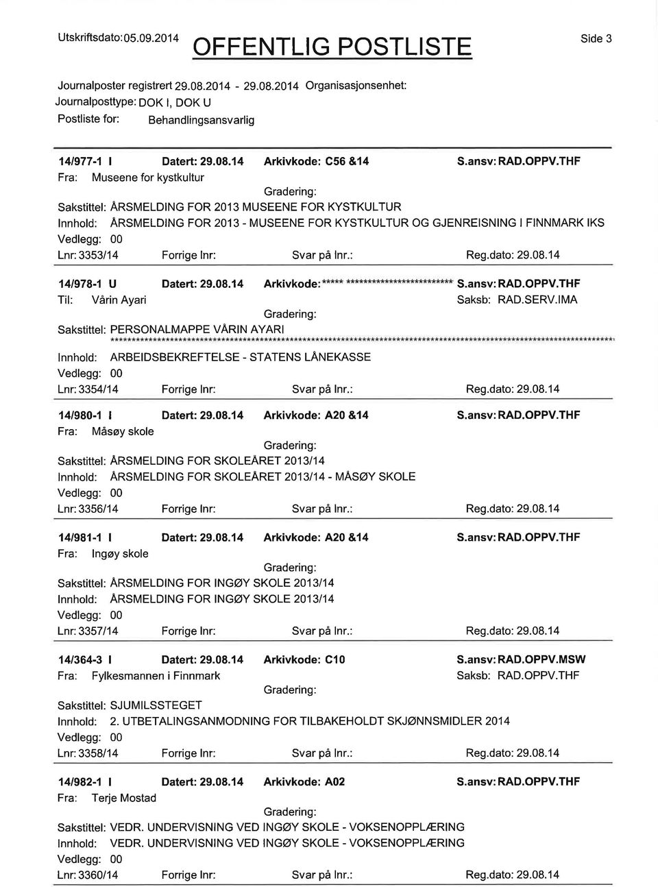 Reg.dato: 29.08J4 141978-1 U Datert: 29.08.14 Arkivkode Til: Vårin Ayari SAKStittEI: PERSONALMAPPE VARIN AYARI S.ansv: RAD.OPPV.THF Saksb: RAD.SERV.