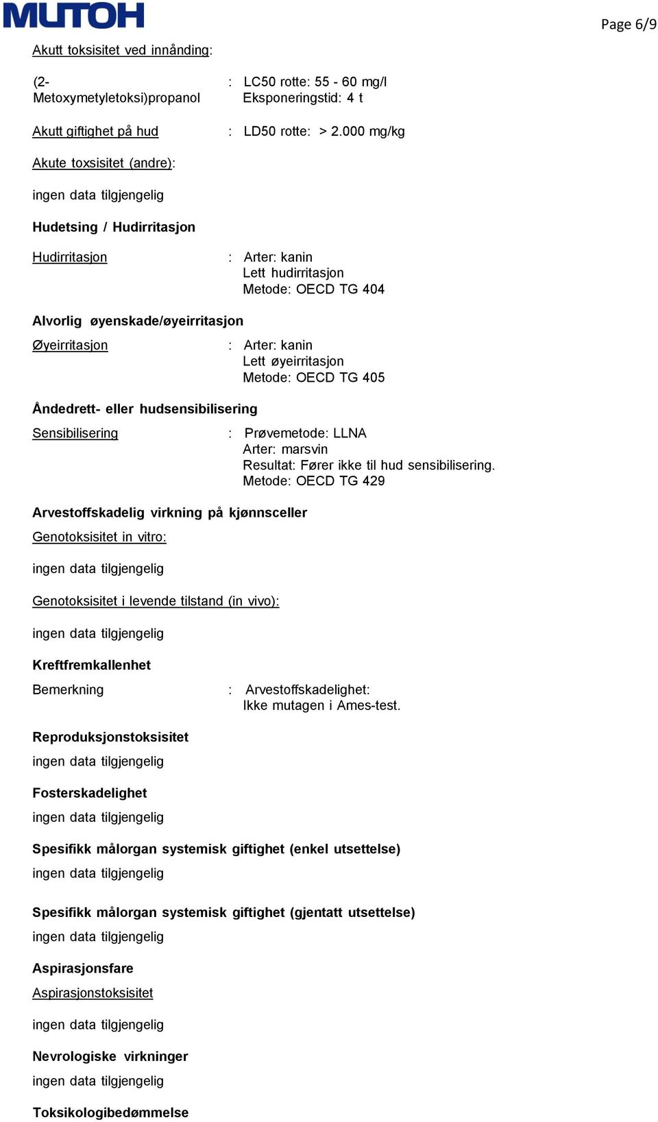 hudsensibilisering Sensibilisering Arvestoffskadelig virkning på kjønnsceller Genotoksisitet in vitro: Genotoksisitet i levende tilstand (in vivo): : Arter: kanin Lett øyeirritasjon Metode: OECD TG