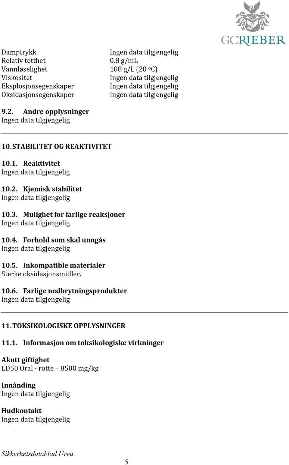 Forhold som skal unngås 10.5. Inkompatible materialer Sterke oksidasjonsmidler. 10.6. Farlige nedbrytningsprodukter 11.