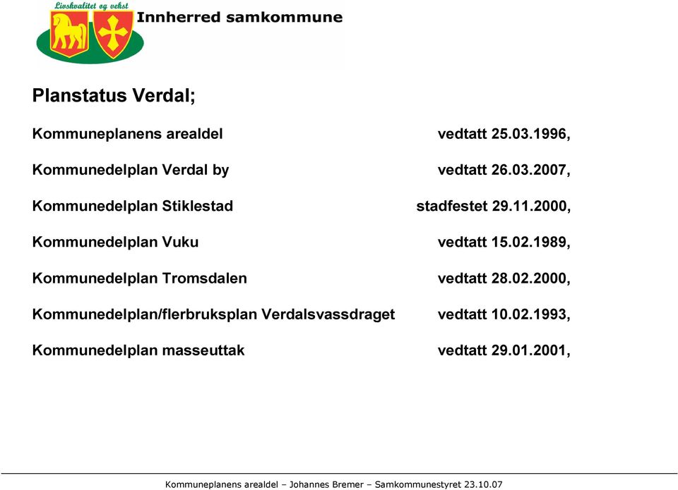 2007, Kommunedelplan Stiklestad stadfestet 29.11.2000, Kommunedelplan Vuku vedtatt 15.02.