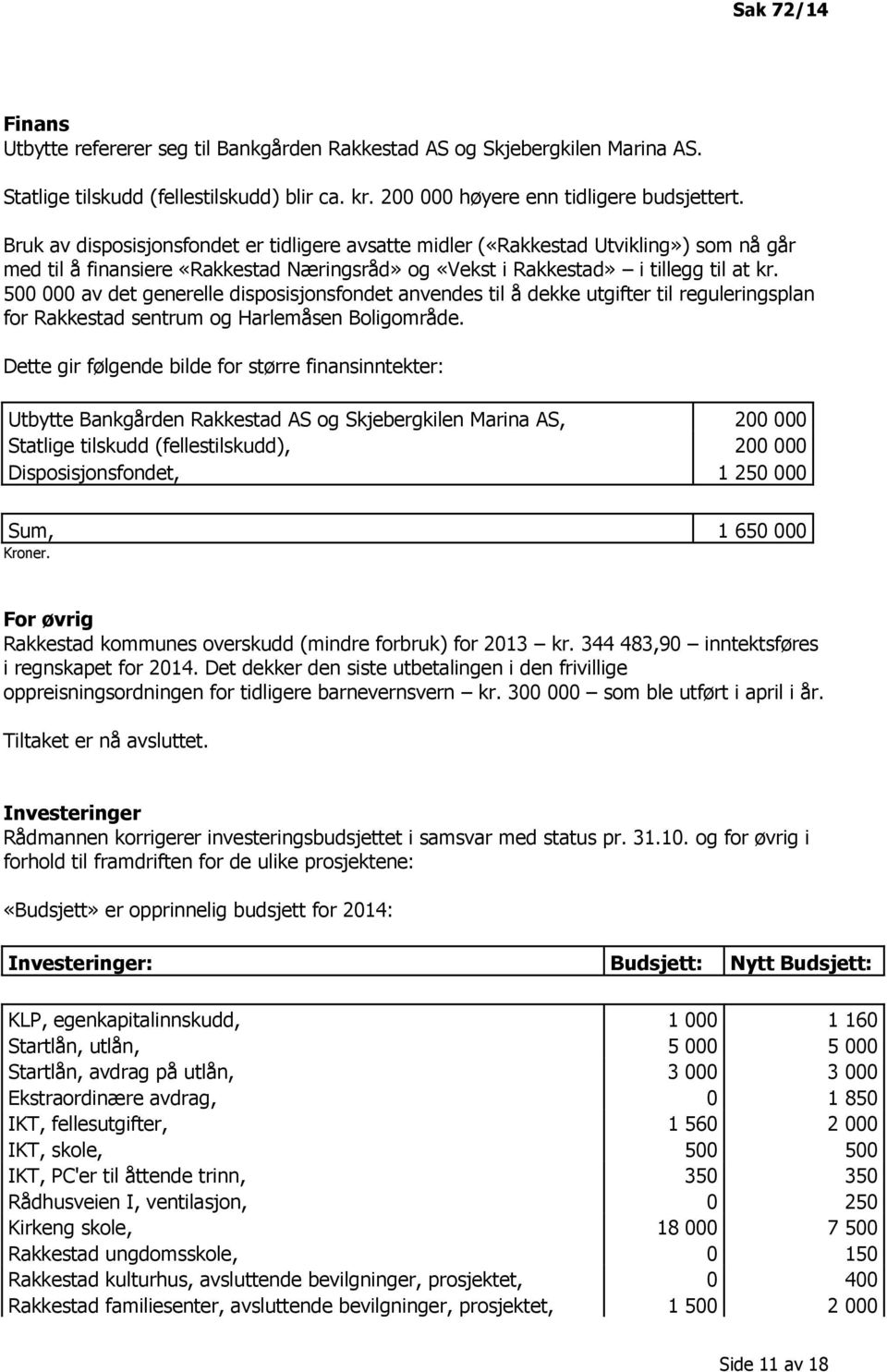 500 000 av det generelle disposisjonsfondet anvendes til å dekke utgifter til reguleringsplan for Rakkestad sentrum og Harlemåsen Boligområde.