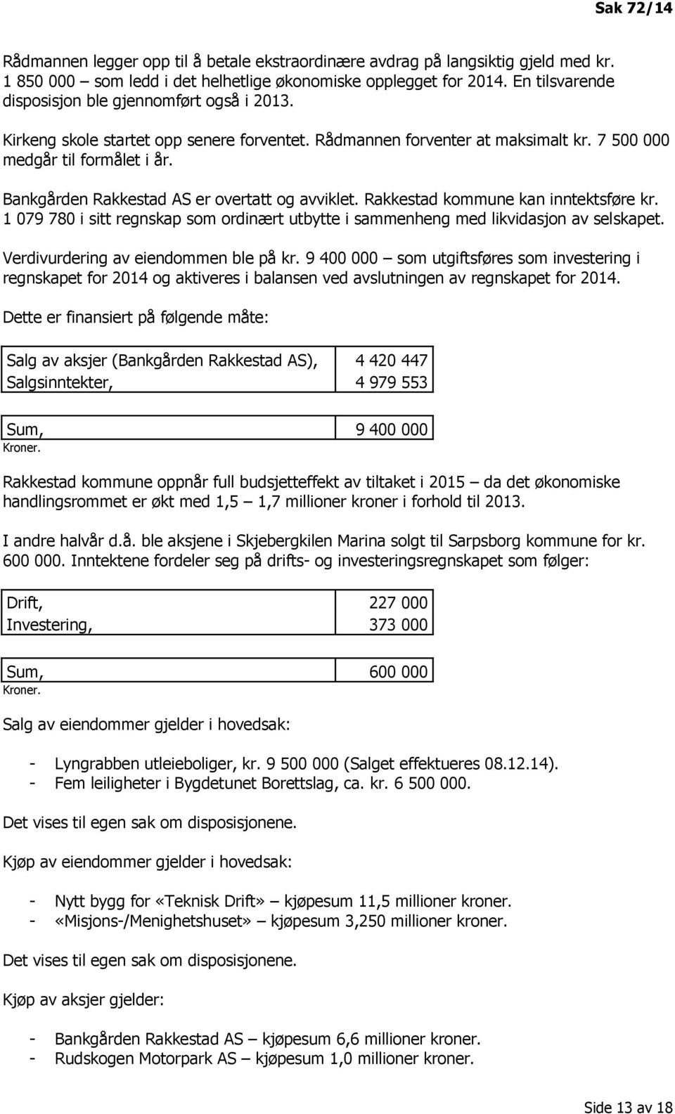 Bankgården Rakkestad AS er overtatt og avviklet. Rakkestad kommune kan inntektsføre kr. 1 079 780 i sitt regnskap som ordinært utbytte i sammenheng med likvidasjon av selskapet.