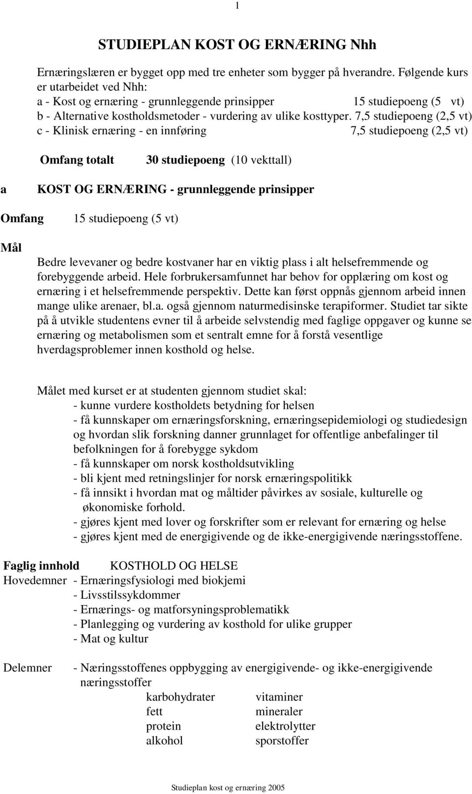 7,5 studiepoeng (2,5 vt) c - Klinisk ernæring - en innføring 7,5 studiepoeng (2,5 vt) Omfang totalt 30 studiepoeng (10 vekttall) a KOST OG ERNÆRING - grunnleggende prinsipper Omfang 15 studiepoeng (5