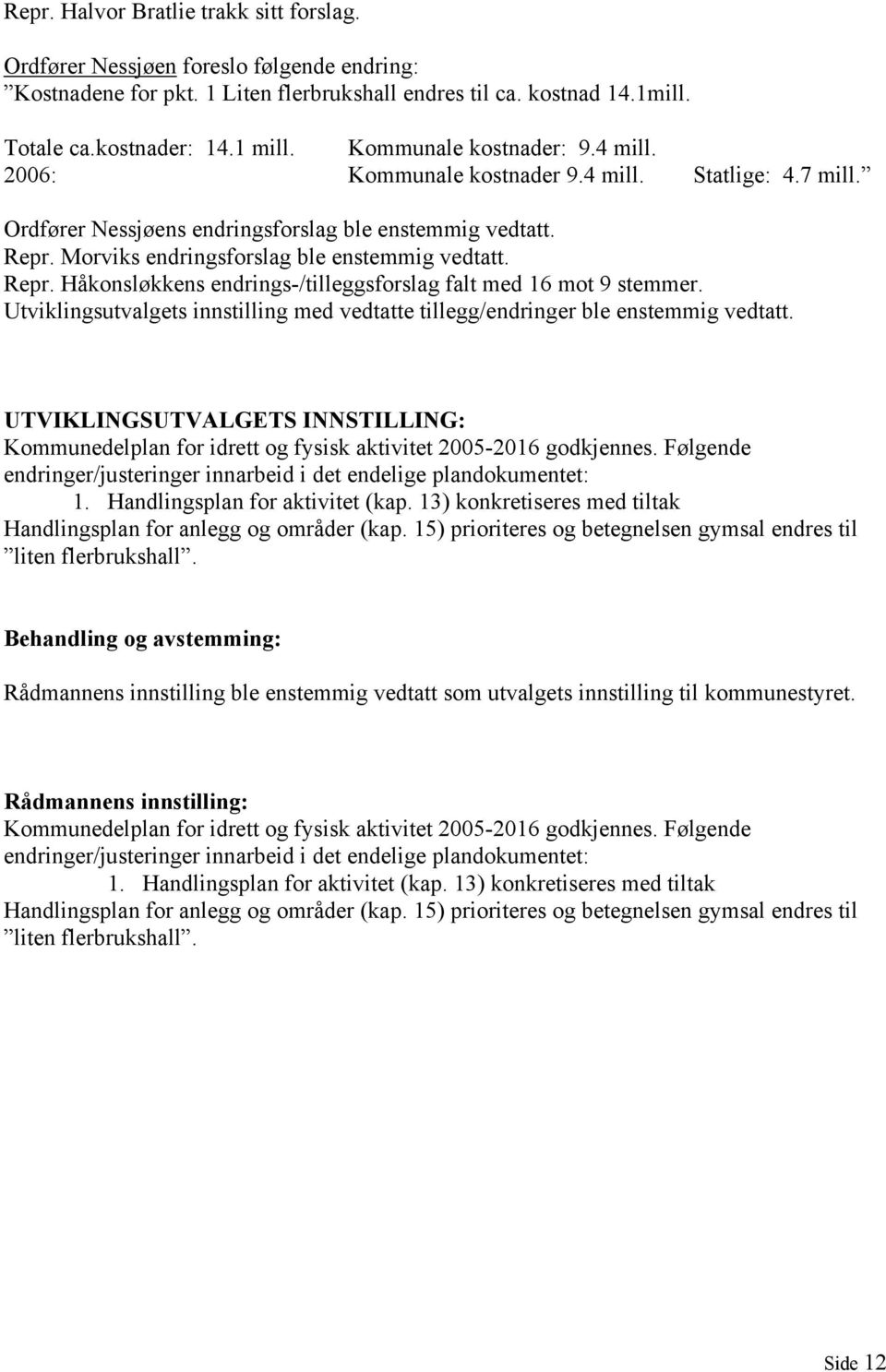 Repr. Håkonsløkkens endrings-/tilleggsforslag falt med 16 mot 9 stemmer. Utviklingsutvalgets innstilling med vedtatte tillegg/endringer ble enstemmig vedtatt.