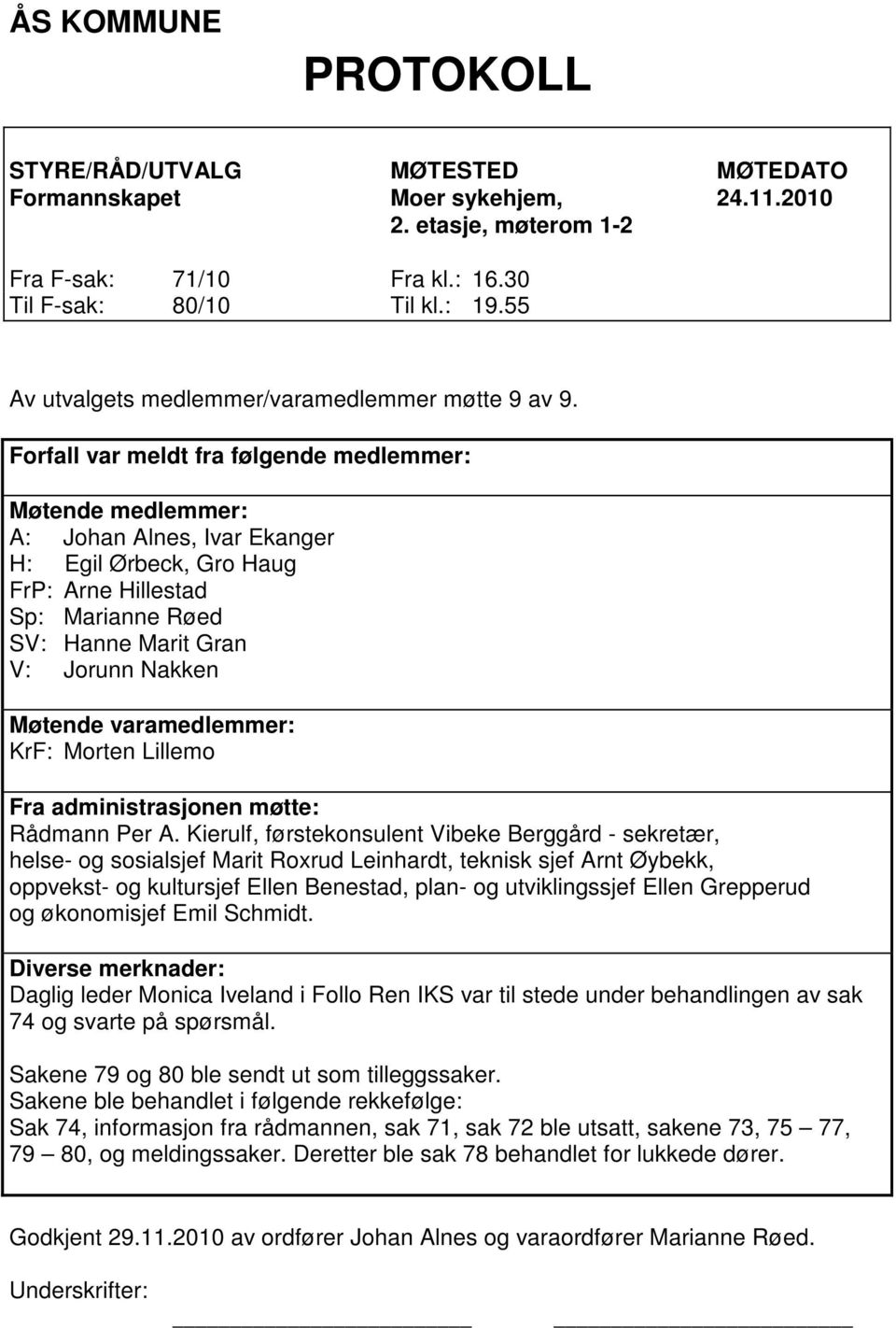 Forfall var meldt fra følgende medlemmer: Møtende medlemmer: A: Johan Alnes, Ivar Ekanger H: Egil Ørbeck, Gro Haug FrP: Arne Hillestad Sp: Marianne Røed SV: Hanne Marit Gran V: Jorunn Nakken Møtende