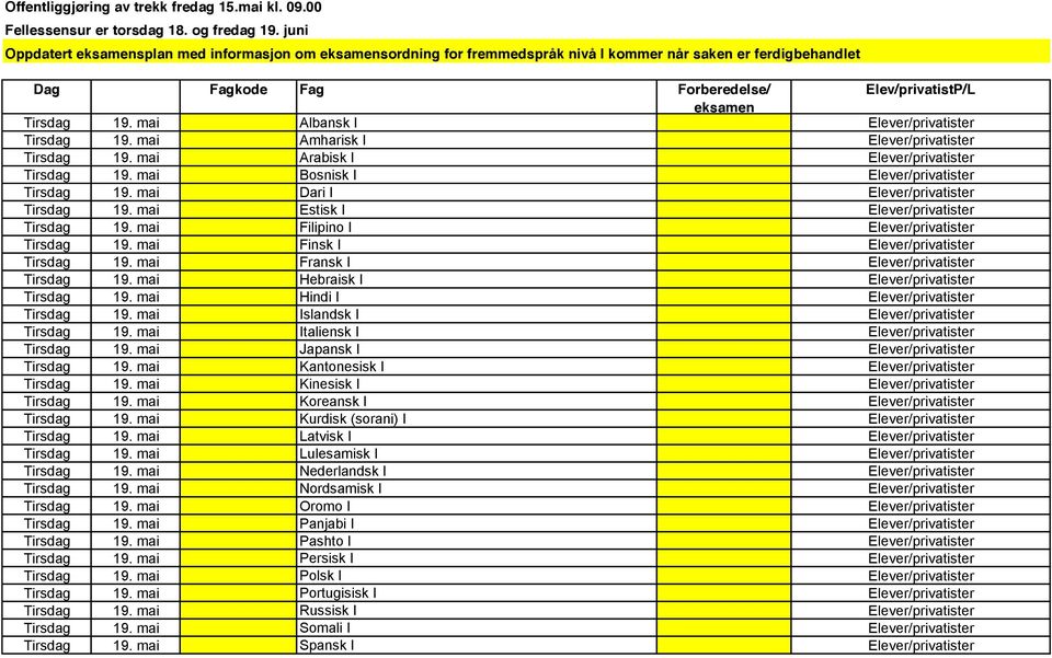 mai Albansk I Tirsdag 19. mai Amharisk I Tirsdag 19. mai Arabisk I Tirsdag 19. mai Bosnisk I Tirsdag 19. mai Dari I Tirsdag 19. mai Estisk I Tirsdag 19. mai Filipino I Tirsdag 19.