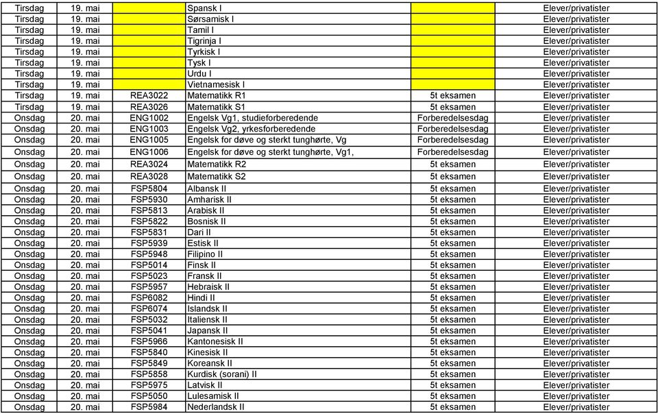 mai ENG1003 Engelsk Vg2, yrkesforberedende Forberedelsesdag Onsdag 20. mai ENG1005 Engelsk for døve og sterkt tunghørte, Vg Forberedelsesdag Onsdag 20.