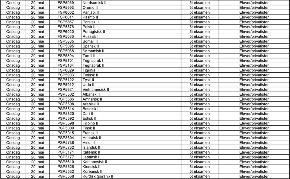 mai FSP5885 Somali II 5t eksamen Onsdag 20. mai FSP5095 Spansk II 5t eksamen Onsdag 20. mai FSP5068 Sørsamisk II 5t eksamen Onsdag 20. mai FSP5894 Tamil II 5t eksamen Onsdag 20.