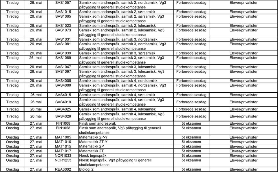 mai SAS1073 Samisk som andrespråk, samisk 2, lulesamisk, Vg3 Forberedelsesdag Tirsdag 26. mai SAS1031 Samisk som andrespråk, samisk 3, nordsamisk Forberedelsesdag Tirsdag 26.