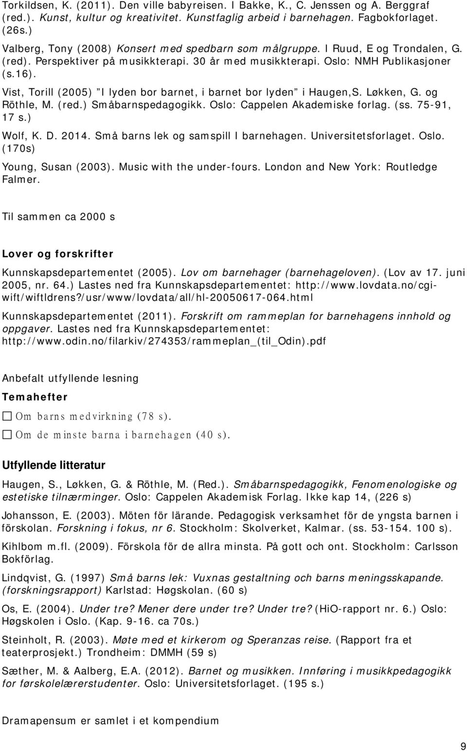 Vist, Torill (2005) I lyden bor barnet, i barnet bor lyden i Haugen,S. Løkken, G. og Röthle, M. (red.) Småbarnspedagogikk. Oslo: Cappelen Akademiske forlag. (ss. 75-91, 17 s.) Wolf, K. D. 2014.