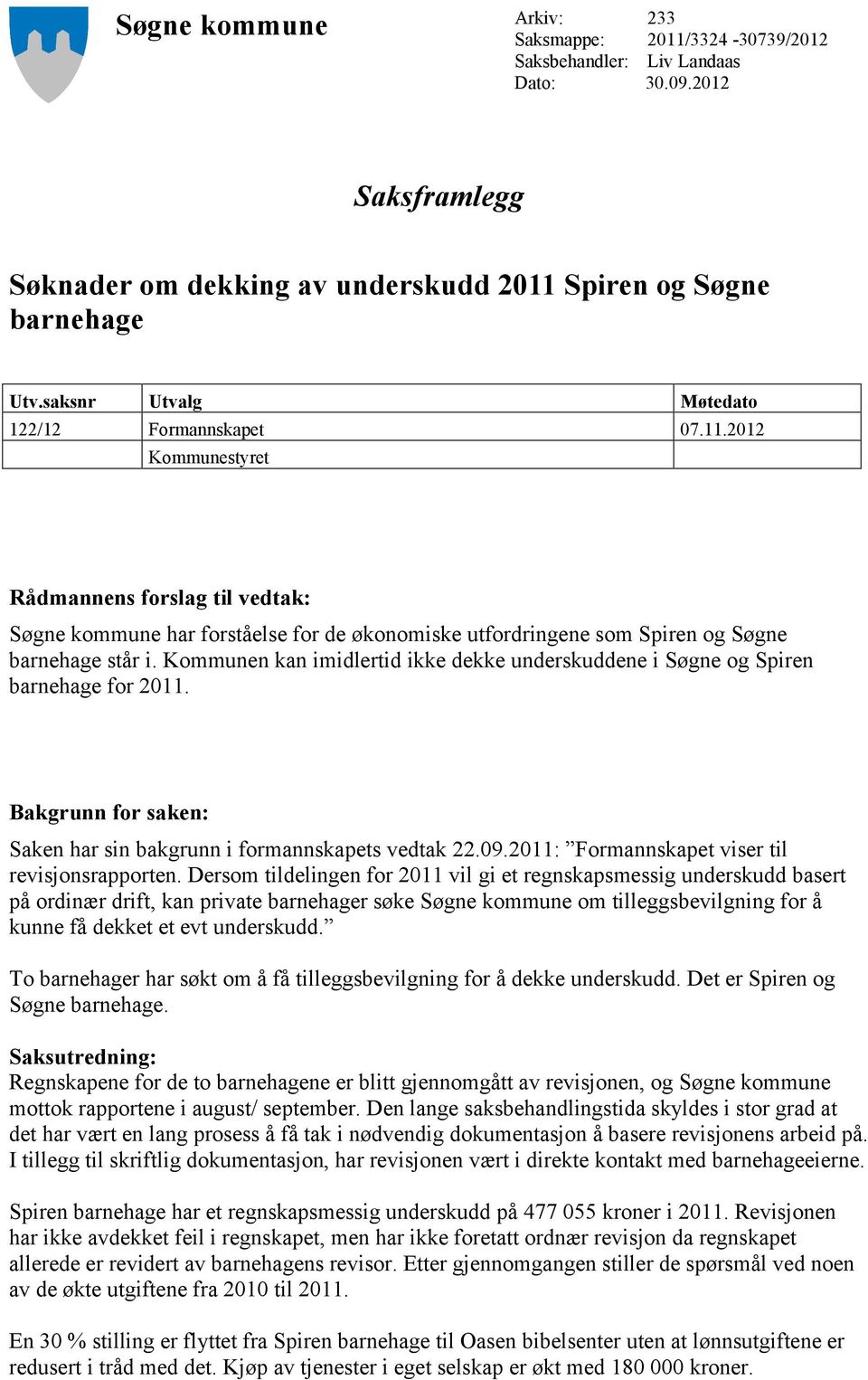 Kommunen kan imidlertid ikke dekke underskuddene i Søgne og Spiren barnehage for 2011. Bakgrunn for saken: Saken har sin bakgrunn i formannskapets vedtak 22.09.