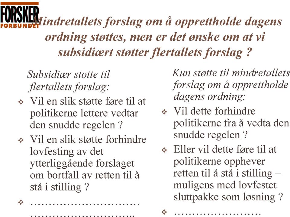 Vil en slik støtte forhindre lovfesting av det ytterliggående forslaget om bortfall av retten til å stå i stilling?