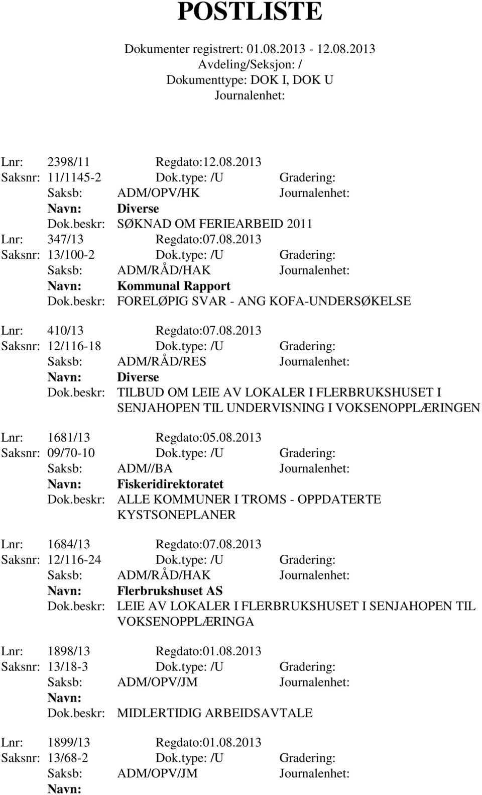 type: /U Gradering: Saksb: ADM/RÅD/RES Diverse Dok.beskr: TILBUD OM LEIE AV LOKALER I FLERBRUKSHUSET I SENJAHOPEN TIL UNDERVISNING I VOKSENOPPLÆRINGEN Lnr: 1681/13 Regdato:05.08.