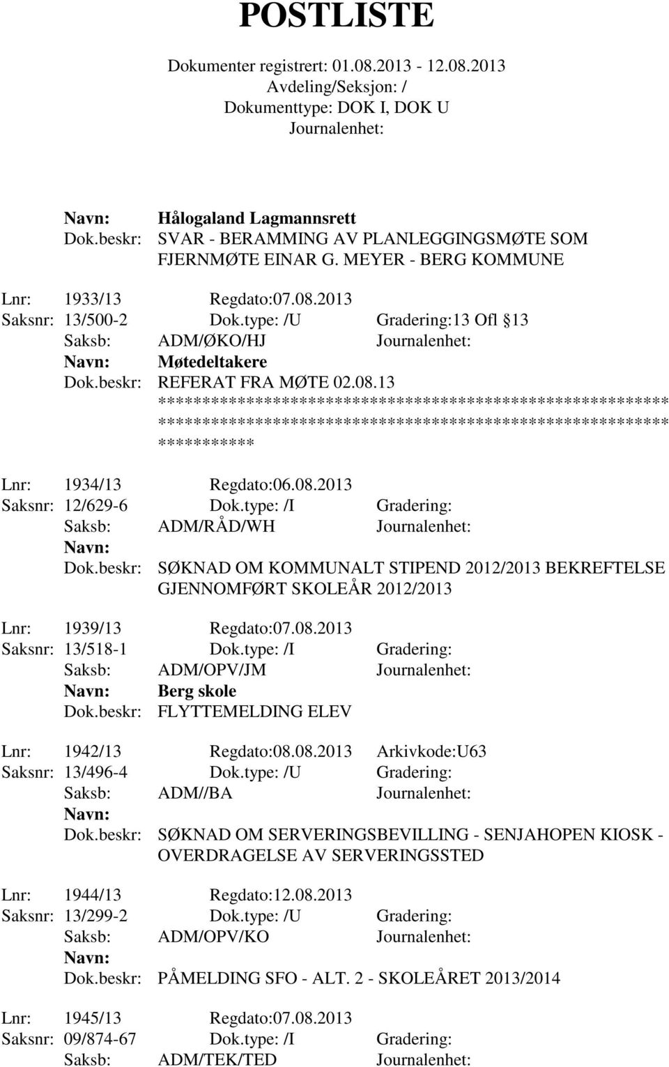 type: /I Gradering: Saksb: ADM/RÅD/WH Dok.beskr: SØKNAD OM KOMMUNALT STIPEND 2012/2013 BEKREFTELSE GJENNOMFØRT SKOLEÅR 2012/2013 Lnr: 1939/13 Regdato:07.08.2013 Saksnr: 13/518-1 Dok.