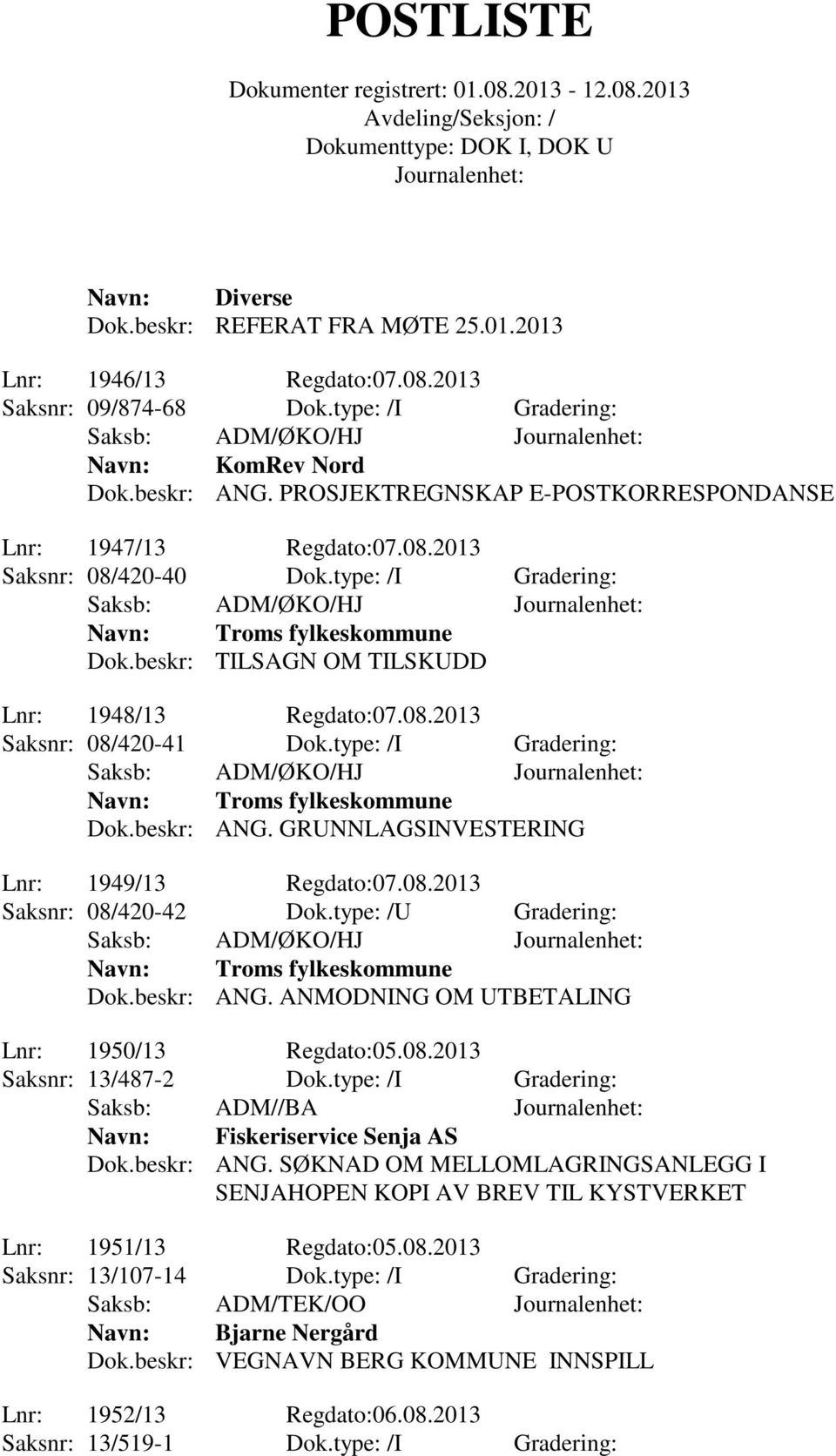 beskr: TILSAGN OM TILSKUDD Lnr: 1948/13 Regdato:07.08.2013 Saksnr: 08/420-41 Dok.type: /I Gradering: Saksb: ADM/ØKO/HJ Troms fylkeskommune Dok.beskr: ANG. GRUNNLAGSINVESTERING Lnr: 1949/13 Regdato:07.