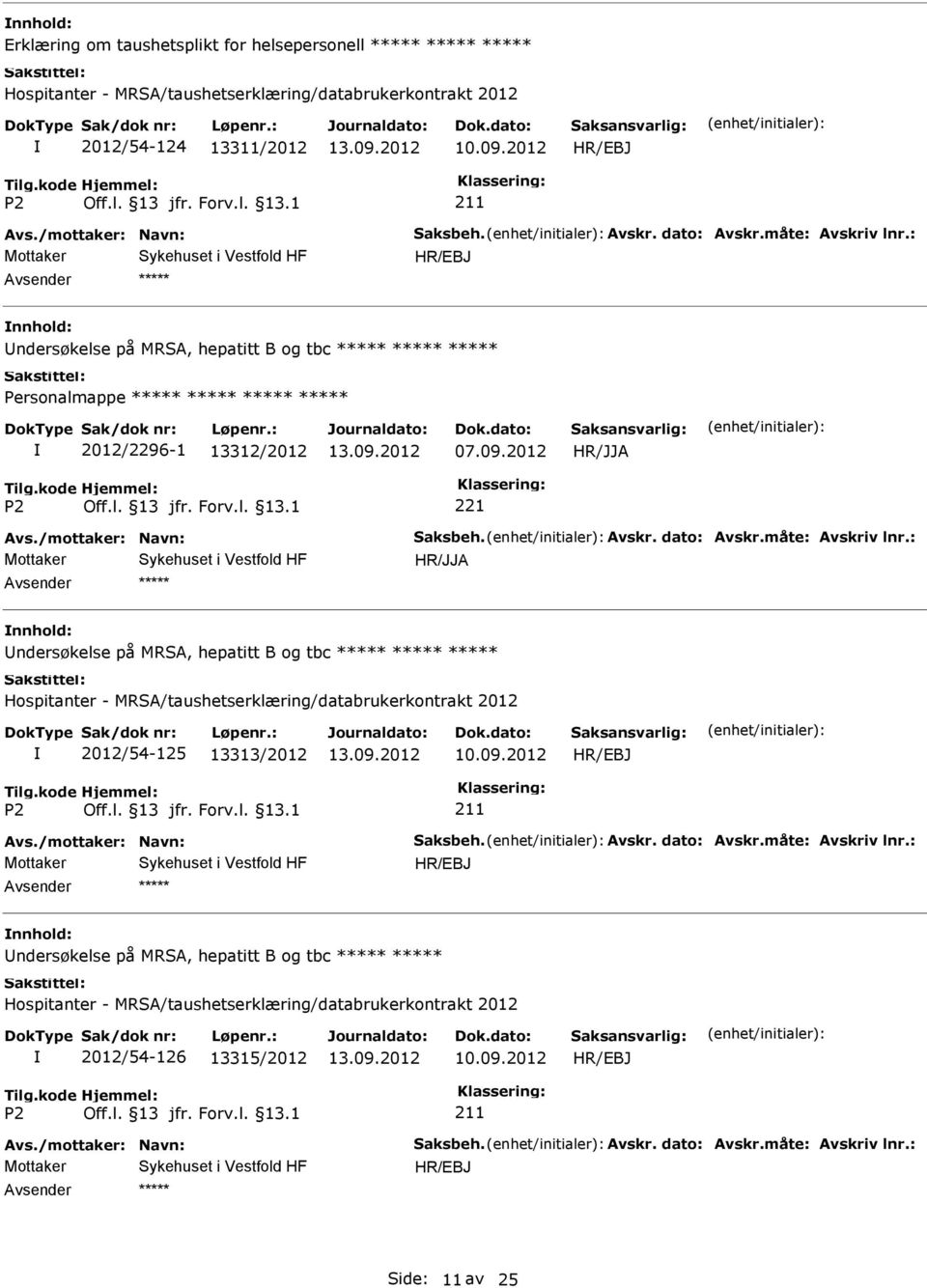 måte: Avskriv lnr.: nnhold: ndersøkelse på MRSA, hepatitt B og tbc 2012/54-125 13313/2012 Avs./mottaker: Navn: Saksbeh. Avskr. dato: Avskr.