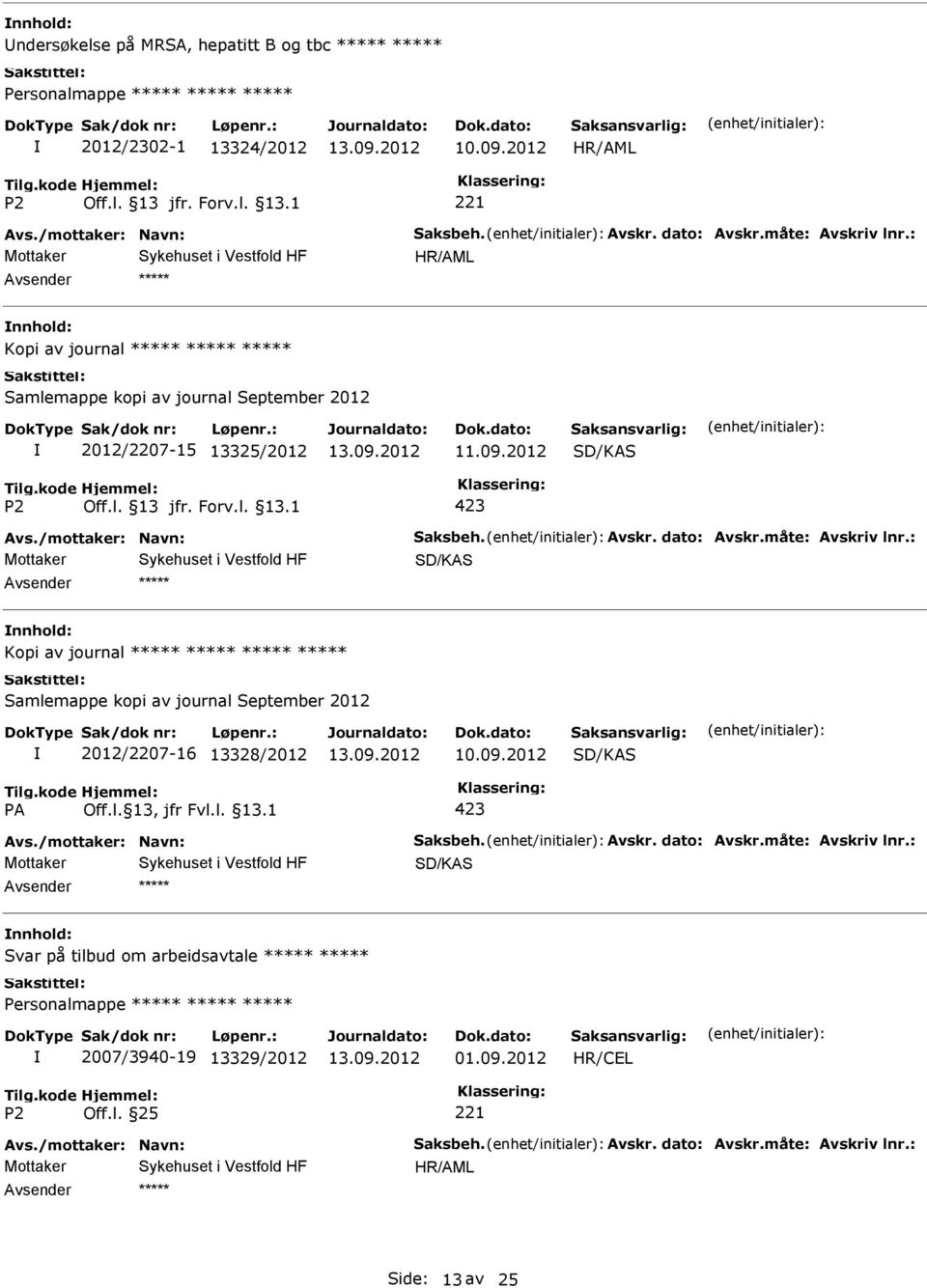 måte: Avskriv lnr.: SD/KAS nnhold: Kopi av journal Samlemappe kopi av journal September 2012 2012/2207-16 13328/2012 SD/KAS 423 Avs./mottaker: Navn: Saksbeh. Avskr. dato: Avskr.