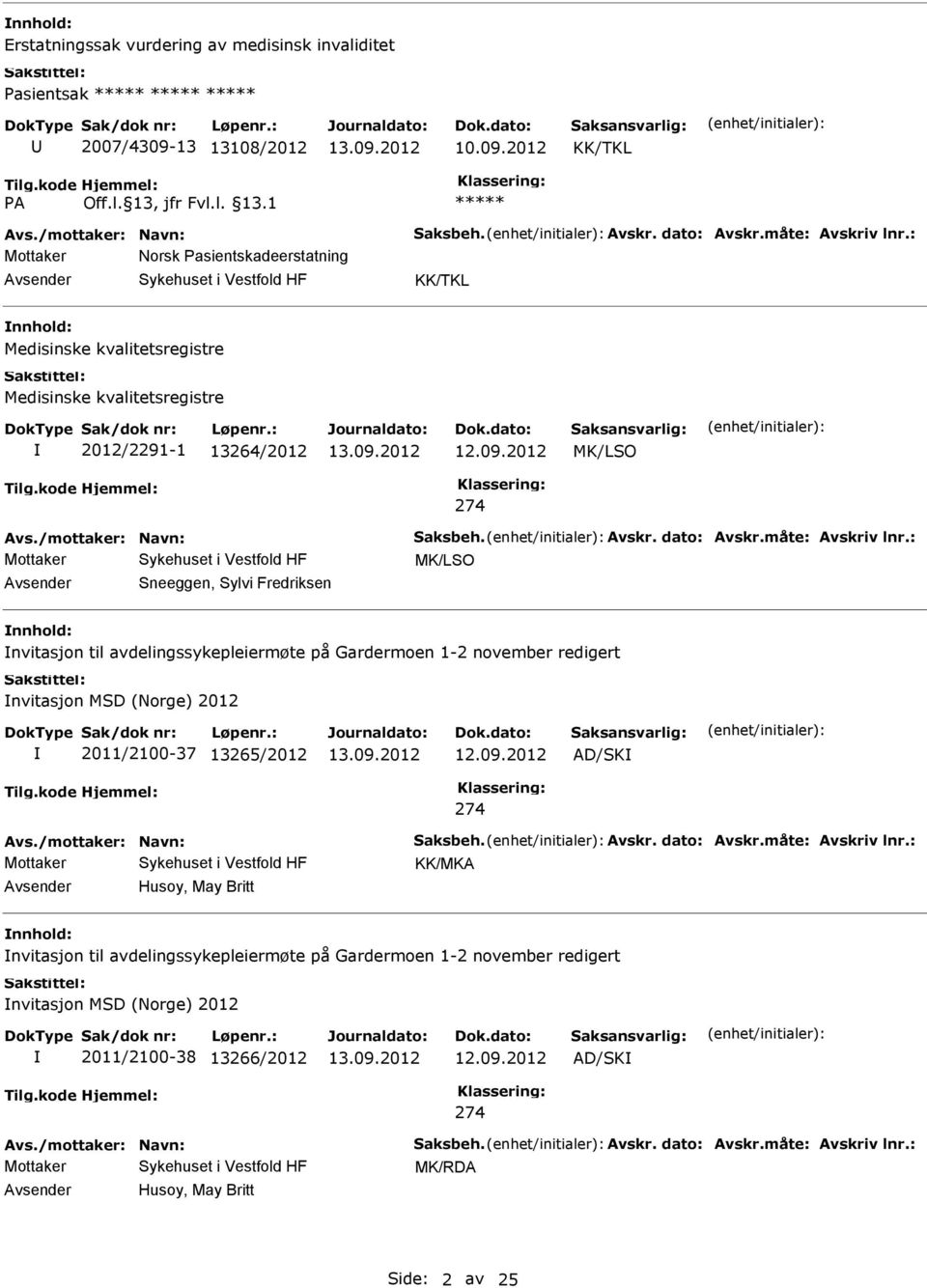 måte: Avskriv lnr.: MK/LSO Sneeggen, Sylvi Fredriksen nnhold: nvitasjon til avdelingssykepleiermøte på Gardermoen 1-2 november redigert nvitasjon MSD (Norge) 2012 2011/2100-37 13265/2012 12.09.