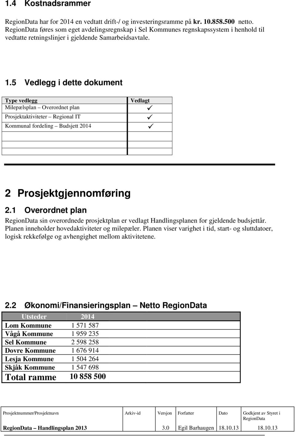 5 Vedlegg i dette dokument Type vedlegg Milepælsplan Overordnet plan Prosjektaktiviteter Regional IT Kommunal fordeling Budsjett 2014 Vedlagt 2 Prosjektgjennomføring 2.