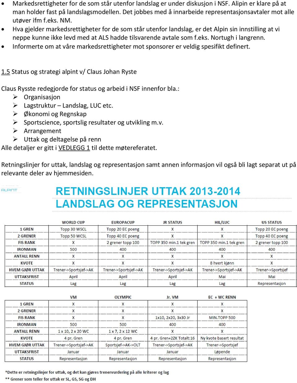 Hva gjelder markedsrettigheter for de som står utenfor landslag, er det Alpin sin innstilling at vi neppe kunne ikke levd med at ALS hadde tilsvarende avtale som f.eks. Nortugh i langrenn.