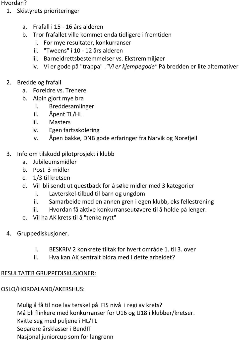 Breddesamlinger ii. Åpent TL/HL iii. Masters iv. Egen fartsskolering v. Åpen bakke, DNB gode erfaringer fra Narvik og Norefjell 3. Info om tilskudd pilotprosjekt i klubb a. Jubileumsmidler b.