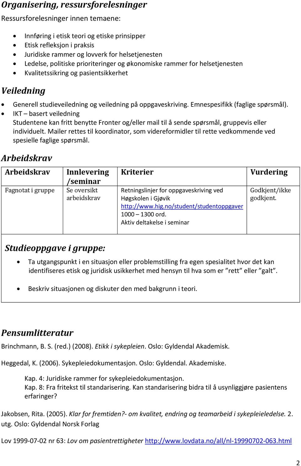 Emnespesifikk (faglige spørsmål). IKT basert veiledning Studentene kan fritt benytte Fronter og/eller mail til å sende spørsmål, gruppevis eller individuelt.