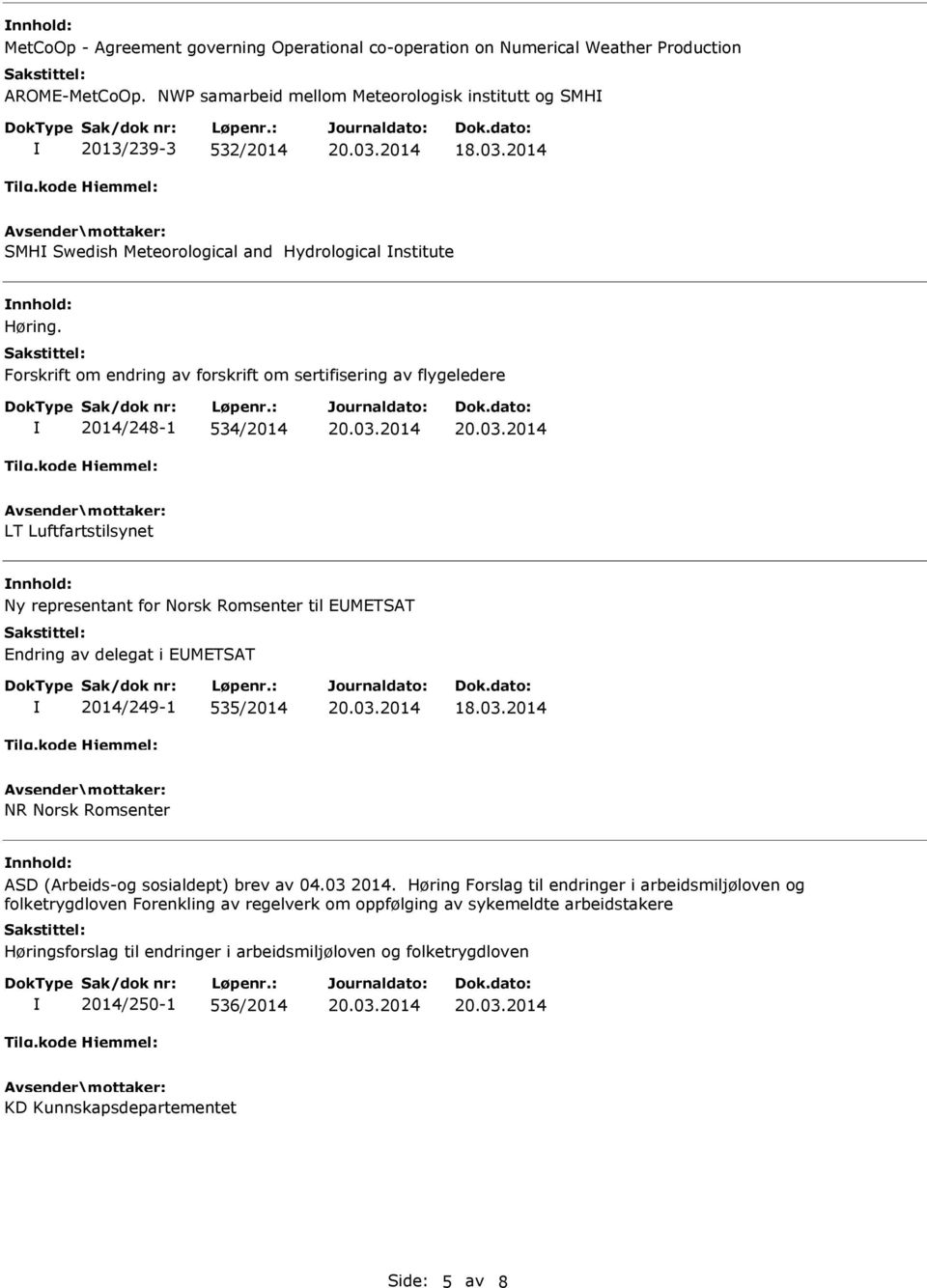 Forskrift om endring av forskrift om sertifisering av flygeledere 2014/248-1 534/2014 LT Luftfartstilsynet Ny representant for Norsk Romsenter til EMETSAT Endring av delegat i EMETSAT