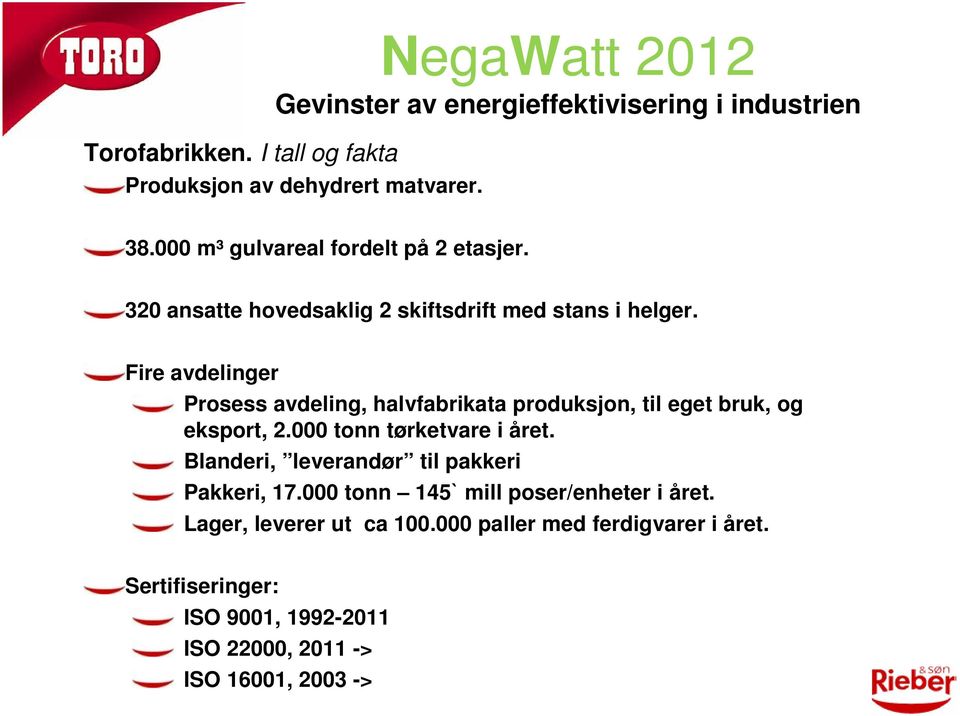 Fire avdelinger Prosess avdeling, halvfabrikata produksjon, til eget bruk, og eksport, 2.000 tonn tørketvare i året.