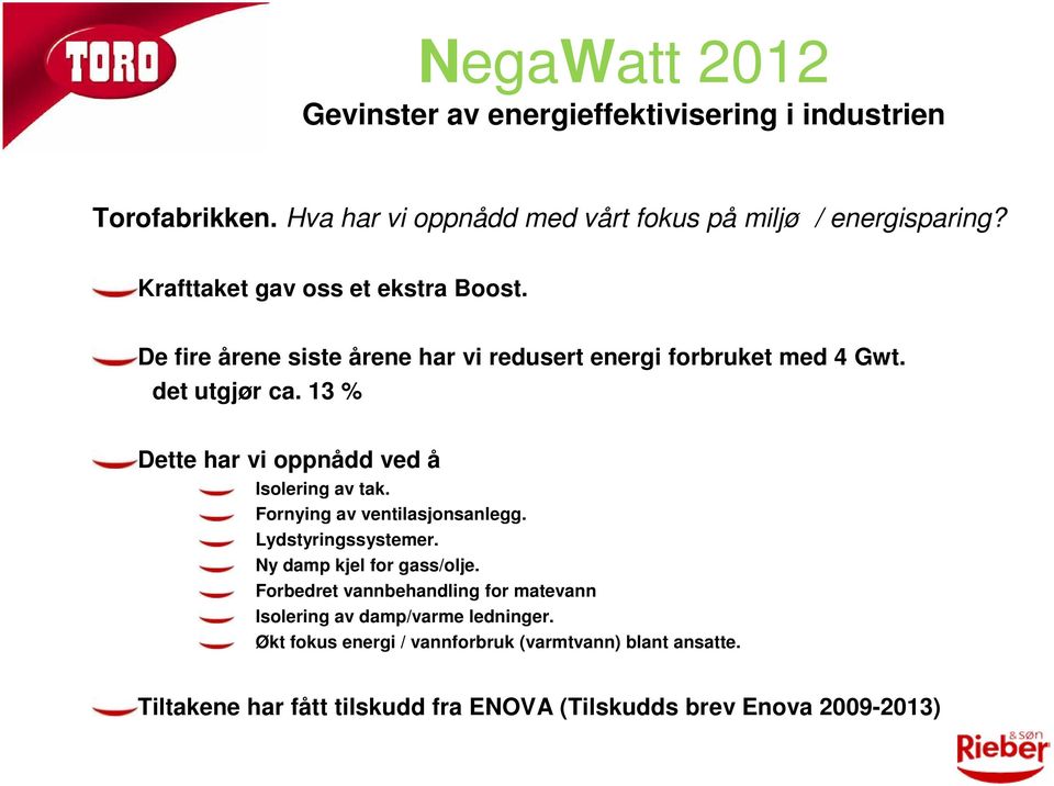 13 % Dette har vi oppnådd ved å Isolering av tak. Fornying av ventilasjonsanlegg. Lydstyringssystemer. Ny damp kjel for gass/olje.