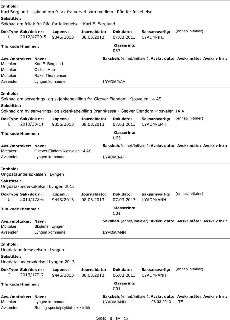 Berglund Øistein Hoe Rakel Thorstensen LYADM/AAH Søknad om serverings- og skjenkebevilling fra Giæver Eiendom Kjosveien 14 AS Søknad om ny serverings- og skjenkebevilling Brannkassa - Giæver Eiendom