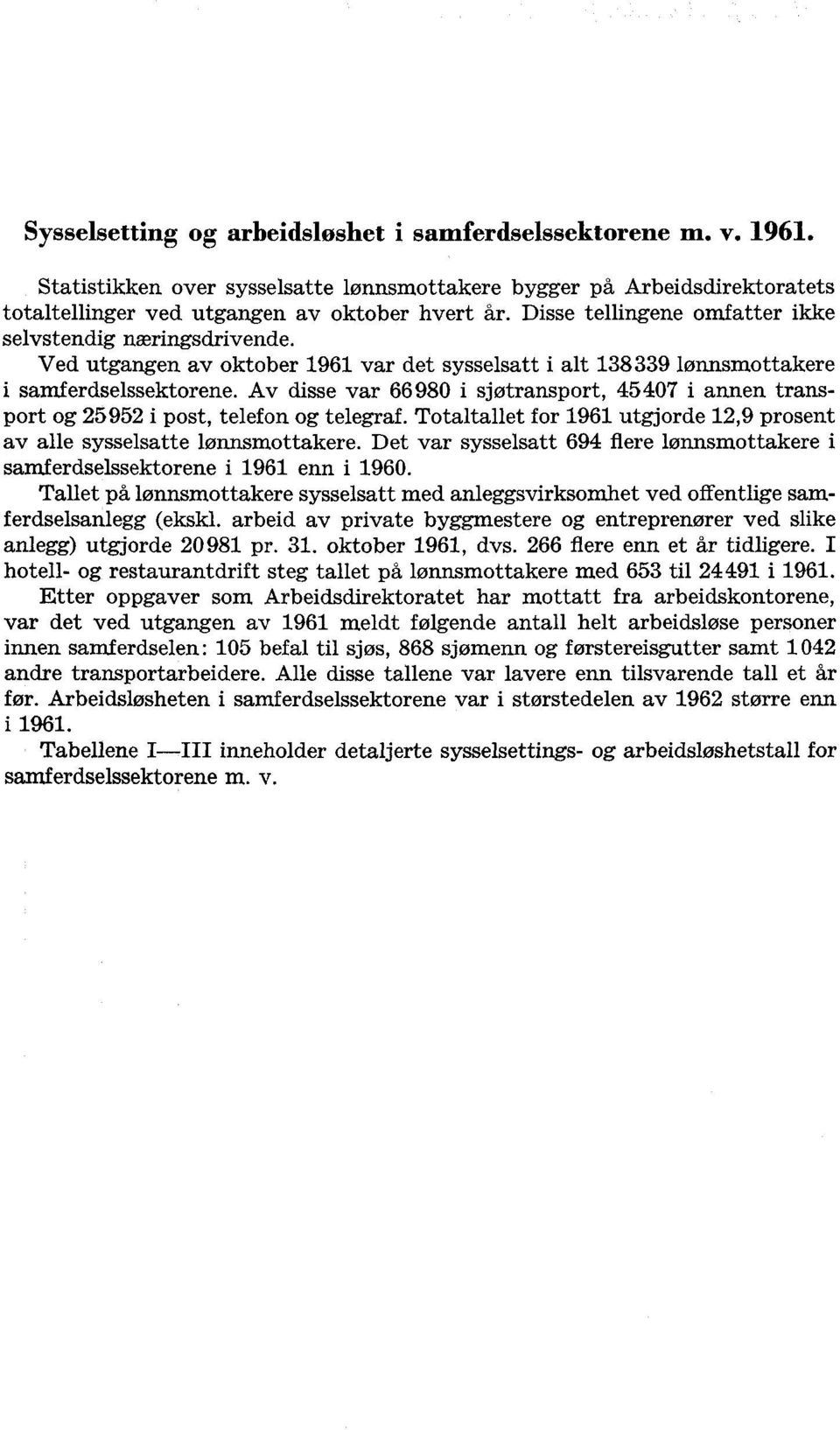 Av disse var 66980 i sjøtransport, 45407 i annen transport og 595 i post, telefon og telegraf. Totaltallet for 1961 utgjorde 1,9 prosent av alle sysselsatte lønnsmottakere.