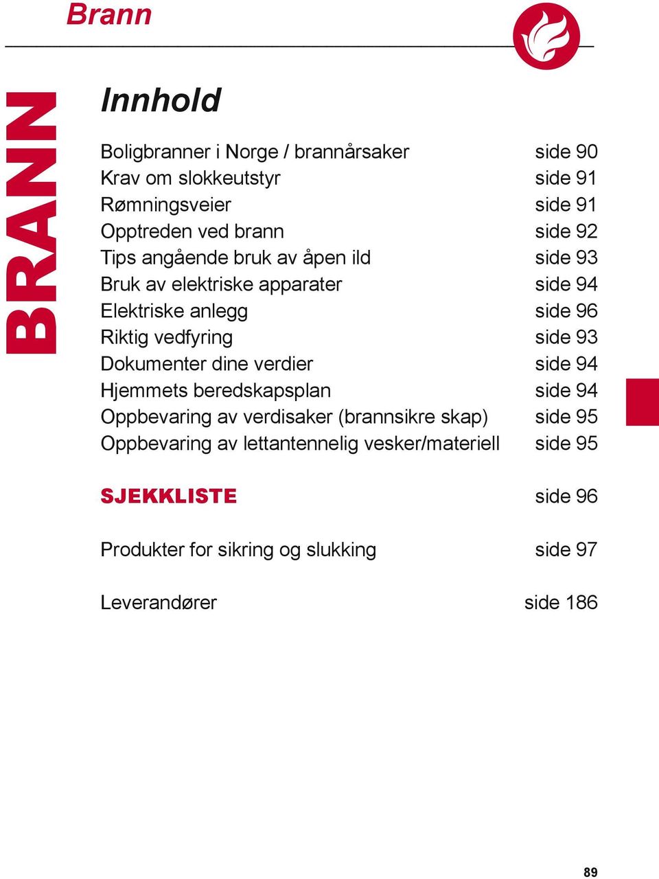 Oppbevaring av verdisaker (brannsikre skap) Oppbevaring av lettantennelig vesker/materiell side 90 side 91 side 91 side 92