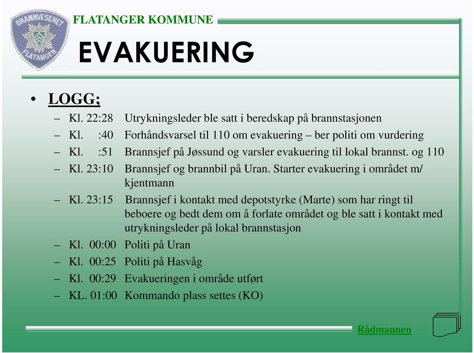 Starter evakuering i området m/ kjentmann Kl.