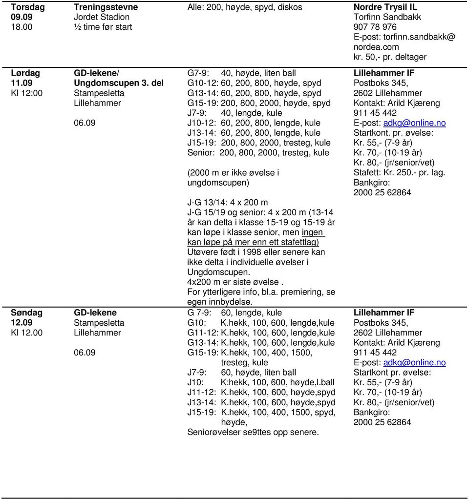 09 G7-9: 40, høyde, liten ball G10-12: 60, 200, 800, høyde, G13-14: 60, 200, 800, høyde, G15-19: 200, 800, 2000, høyde, J7-9: 40, lengde, kule J10-12: 60, 200, 800, lengde, kule J13-14: 60, 200, 800,