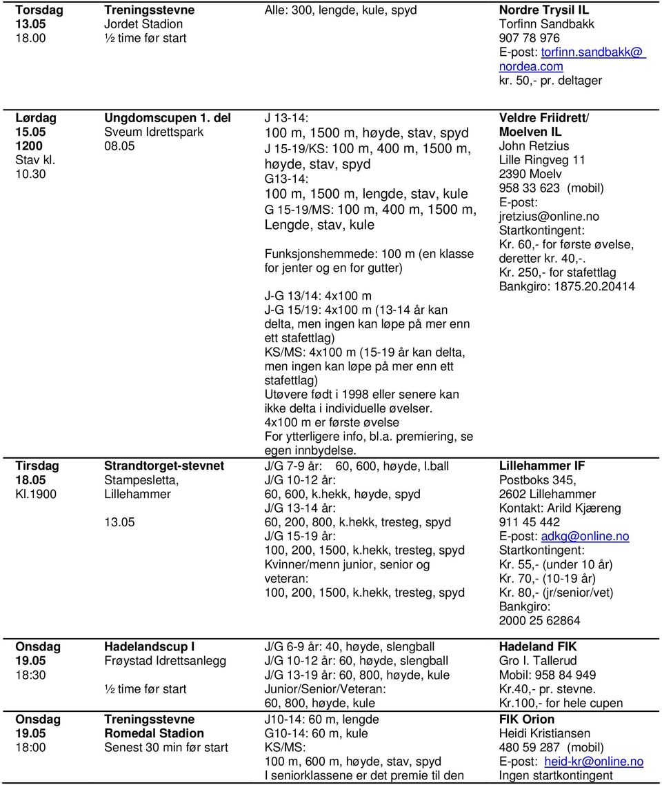 05 J 13-14: 100 m, 1500 m, høyde, stav, J 15-19/KS: 100 m, 400 m, 1500 m, høyde, stav, G13-14: 100 m, 1500 m, lengde, stav, kule G 15-19/MS: 100 m, 400 m, 1500 m, Lengde, stav, kule Funksjonshemmede: