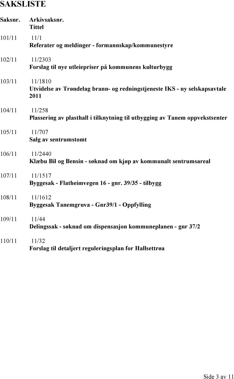 redningstjeneste IKS - ny selskapsavtale 2011 104/11 11/258 Plassering av plasthall i tilknytning til utbygging av Tanem oppvekstsenter 105/11 11/707 Salg av sentrumstomt 106/11 11/2440