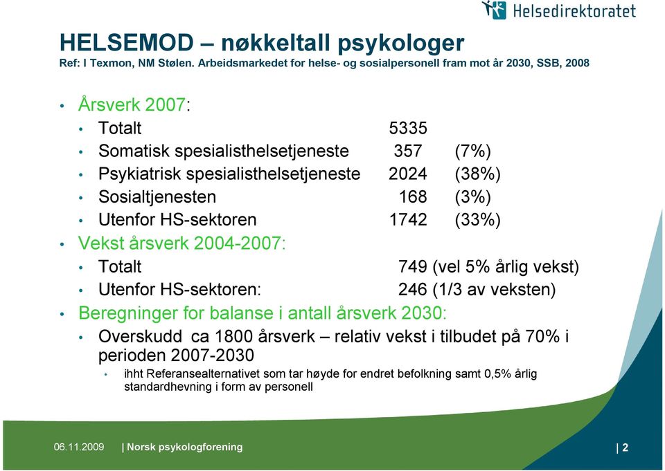 spesialisthelsetjeneste 2024 (38%) Sosialtjenesten 168 (3%) Utenfor HS-sektoren 1742 (33%) Vekst årsverk 2004-2007: Totalt 749 (vel 5% årlig vekst) Utenfor HS-sektoren: