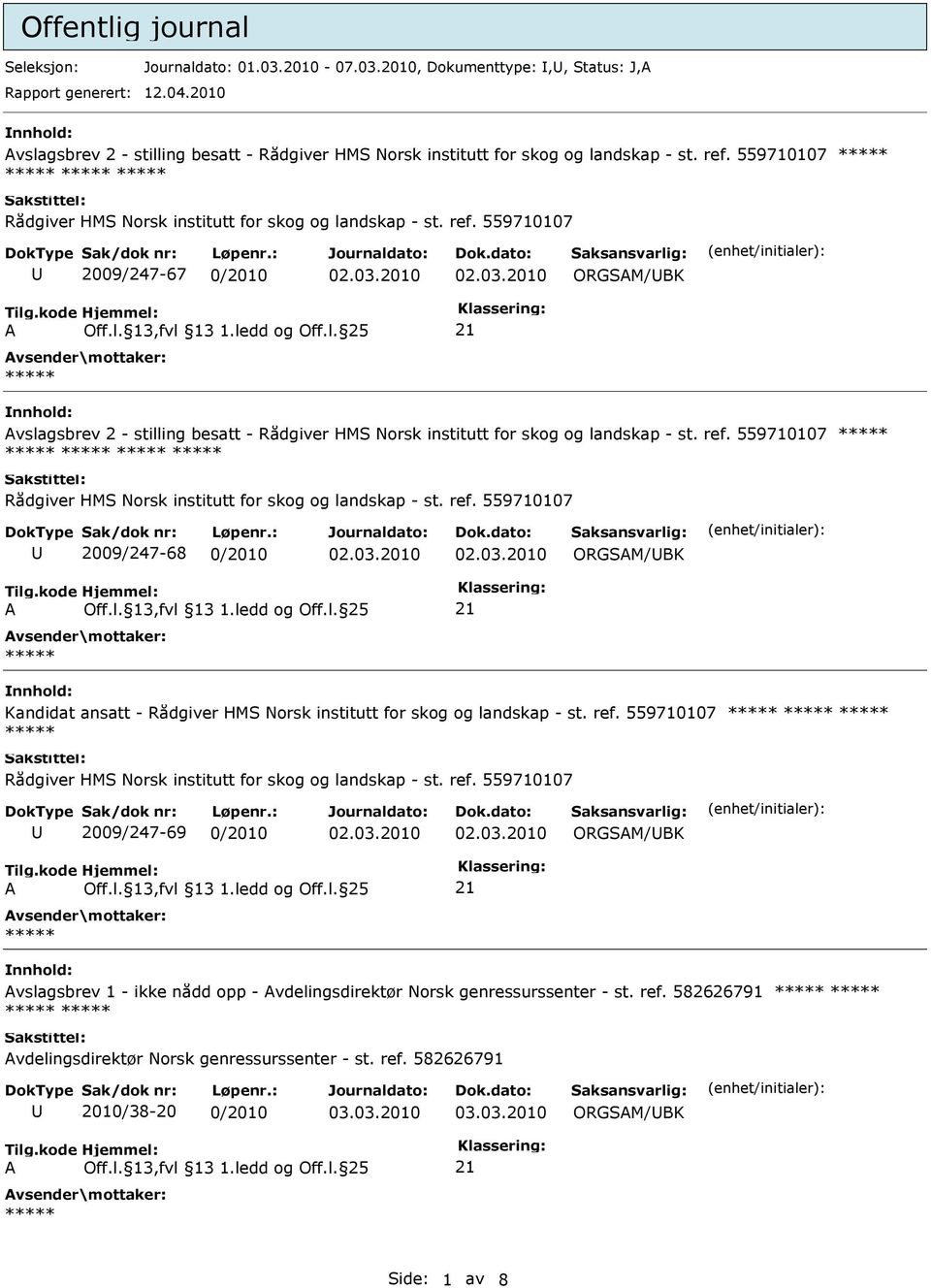 ref. 559710107 Rådgiver HMS Norsk institutt for skog og landskap - st. ref. 559710107 2009/247-68 0/2010 ORGSM/BK Kandidat ansatt - Rådgiver HMS Norsk institutt for skog og landskap - st. ref. 559710107 Rådgiver HMS Norsk institutt for skog og landskap - st. ref. 559710107 2009/247-69 0/2010 ORGSM/BK vslagsbrev 1 - ikke nådd opp - vdelingsdirektør Norsk genressurssenter - st.