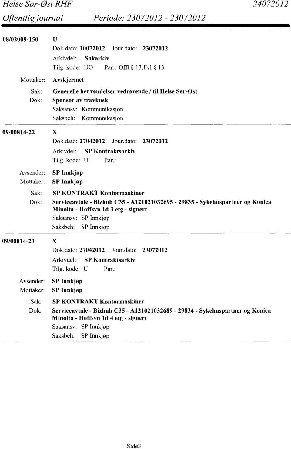 dato: 23072012 Arkivdel: SP Kontraktsarkiv 09/00814-23 X Sak: SP KONTRAKT Kontormaskiner Dok: Serviceavtale - Bizhub C35 - A121021032695-29835 - Sykehuspartner og Konica Minolta - Hoffsvn ld 3 etg -