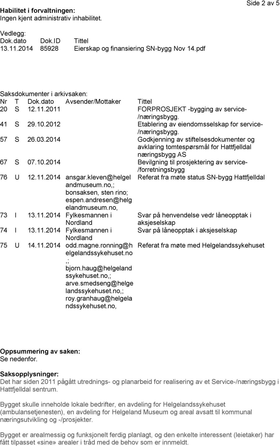 2012 Etablering av eiendomsselskap for service- /næringsbygg. 57 S 26.03.2014 Godkjenning av stiftelsesdokumenter og avklaring tomtespørsmål for Hattfjelldal næringsbygg AS 67 S 07.10.